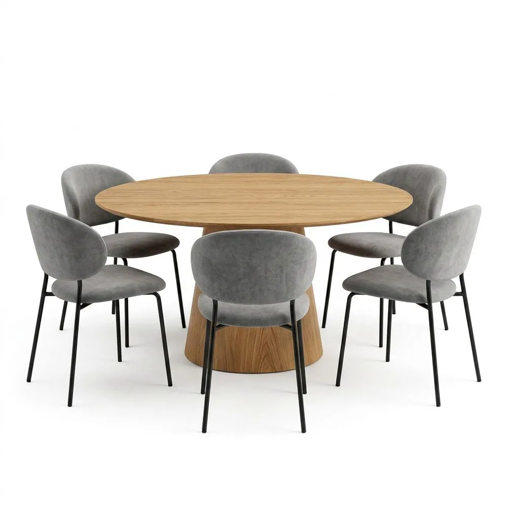 Rundes Esstisch-Set mit Eichenfurnier und Mikrofaser-Stühlen in Natur/Grau mit 6 Stühlen