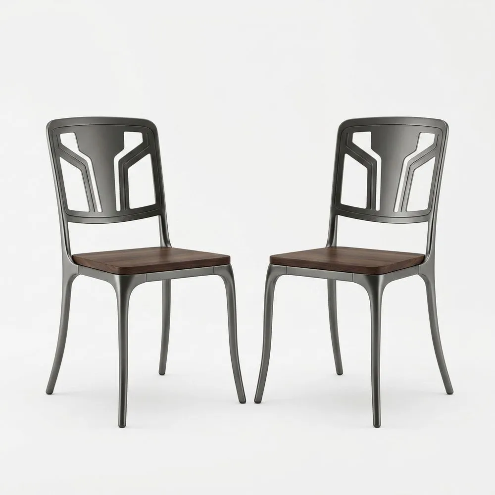 Esszimmerstuhl-Set aus Aluminium und Eichenholz Dunkelgrau/Braun 2er Set