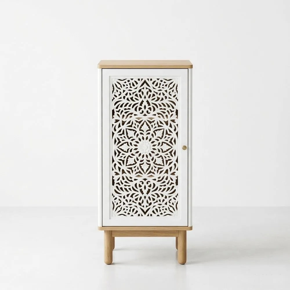 Schrank aus MDF mit geschnitzter Tür, Weiß/Natur, 120x40x35 (Höhe x Breite x Tiefe) cm