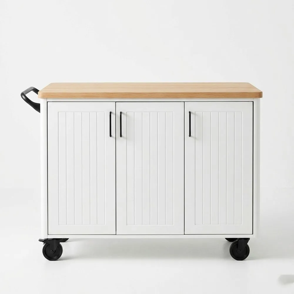 Küchenwagen MDF Weiß mit Eichenholzplatte, Stahlgriffen und Rollen 120x40x85 (Länge x Breite x Höhe) cm