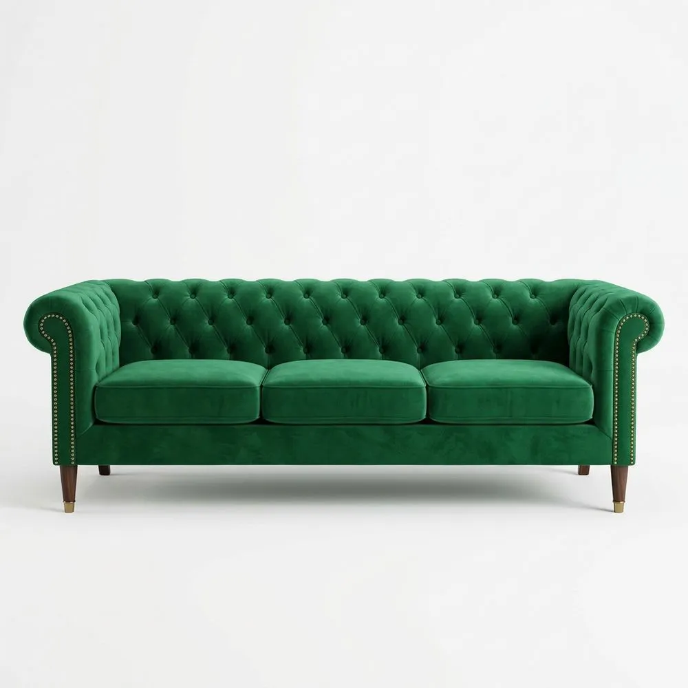 Chesterfield 3-Sitzer Sofa aus 100% Polyester-Samt Grün Länge 200cm