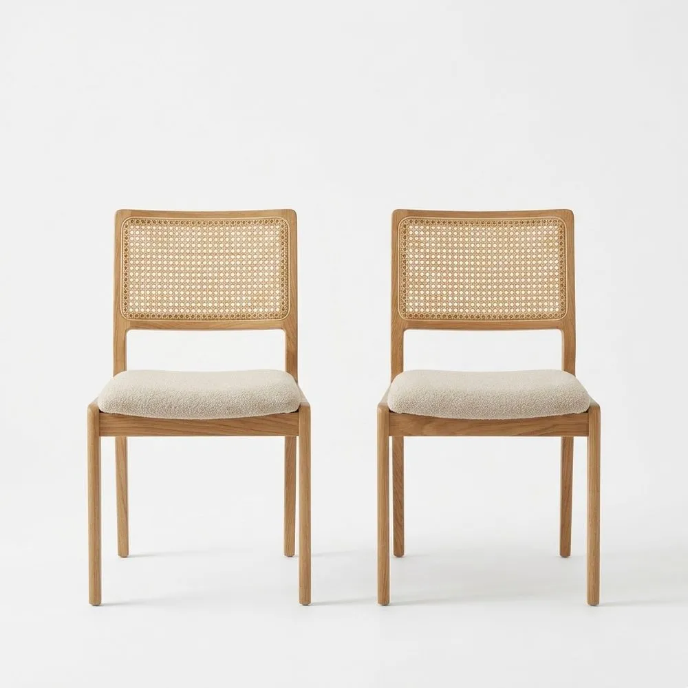 Eichenstuhl Set mit Rattan-Lehne und Polyestergewebe-Kissen, 2er Set, Eiche/Beige