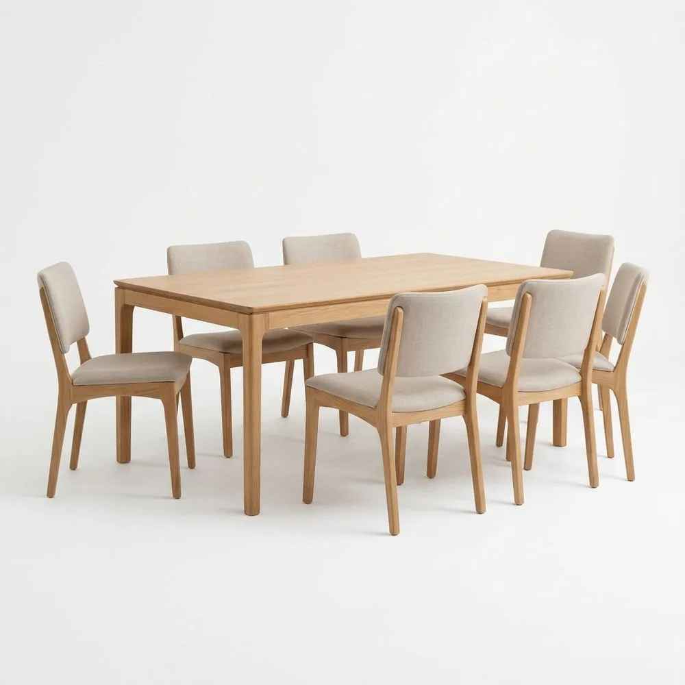 Esszimmer Set Eichenholz Rechteckig 6 Stühle Stoffbezug Natur Beige