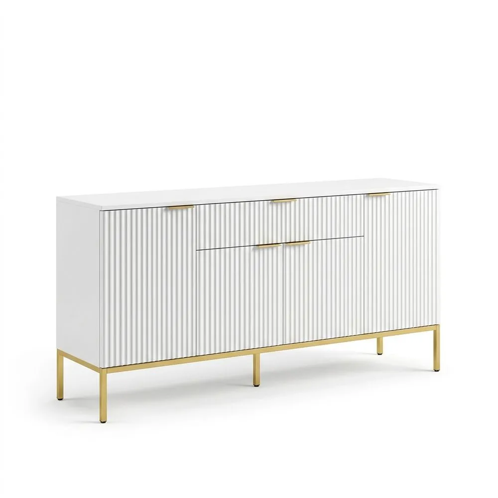 Sideboard aus Holzfurnier Weiß mit Stahlbeinen, Länge 150 cm × Breite 40 cm × Höhe 80 cm