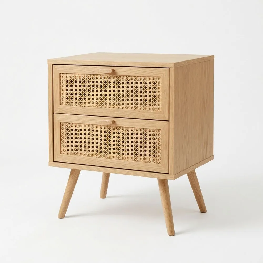 Rattan Nachttisch aus Eichenholz mit 2 Schubladen Natur