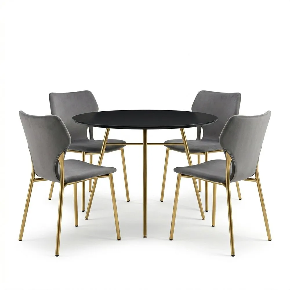 Rundes Esstisch-Set aus MDF und Stahl, Schwarz mit grauen/goldenen Akzenten, 4 Stühle