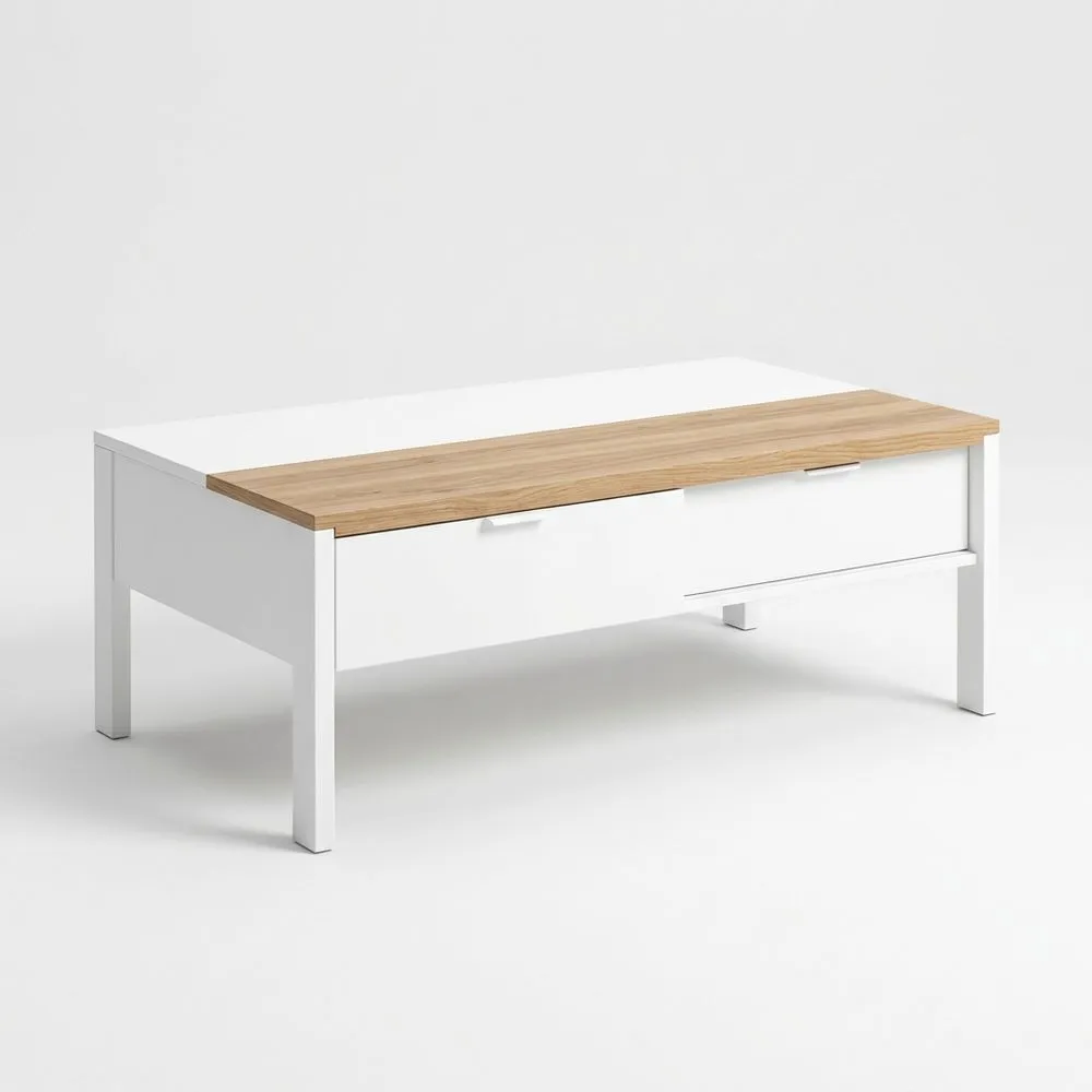 Couchtisch aus Eichenfurnier und MDF Weiß, Länge 120 cm