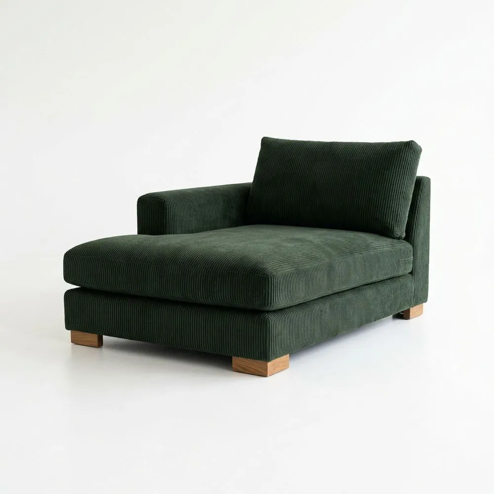 Chaiselongue aus Cord Dunkelgrün mit Massivholzfüßen
