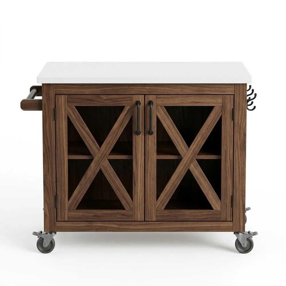 Küchenwagen aus Massivholz mit Marmoroberfläche, Braun/Weiß, Höhe 76 cm