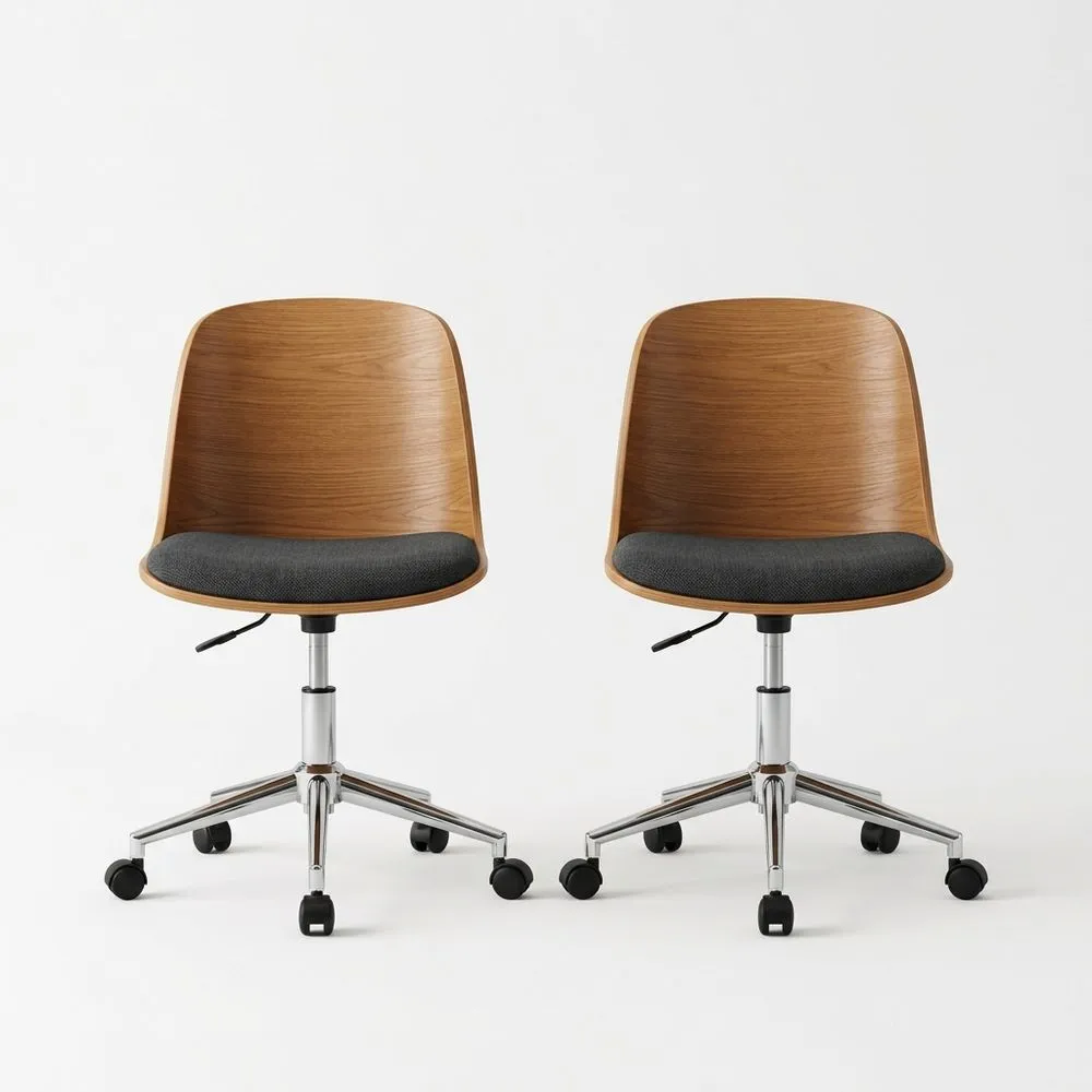 Zwei verstellbare Bürostühle mit Eichenfurnier und Stoffpolster