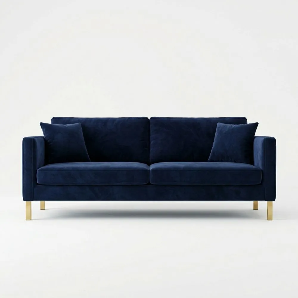 Samtsafa Dunkelblau 3-Sitzer mit vergoldeten Edelstahlbeinen