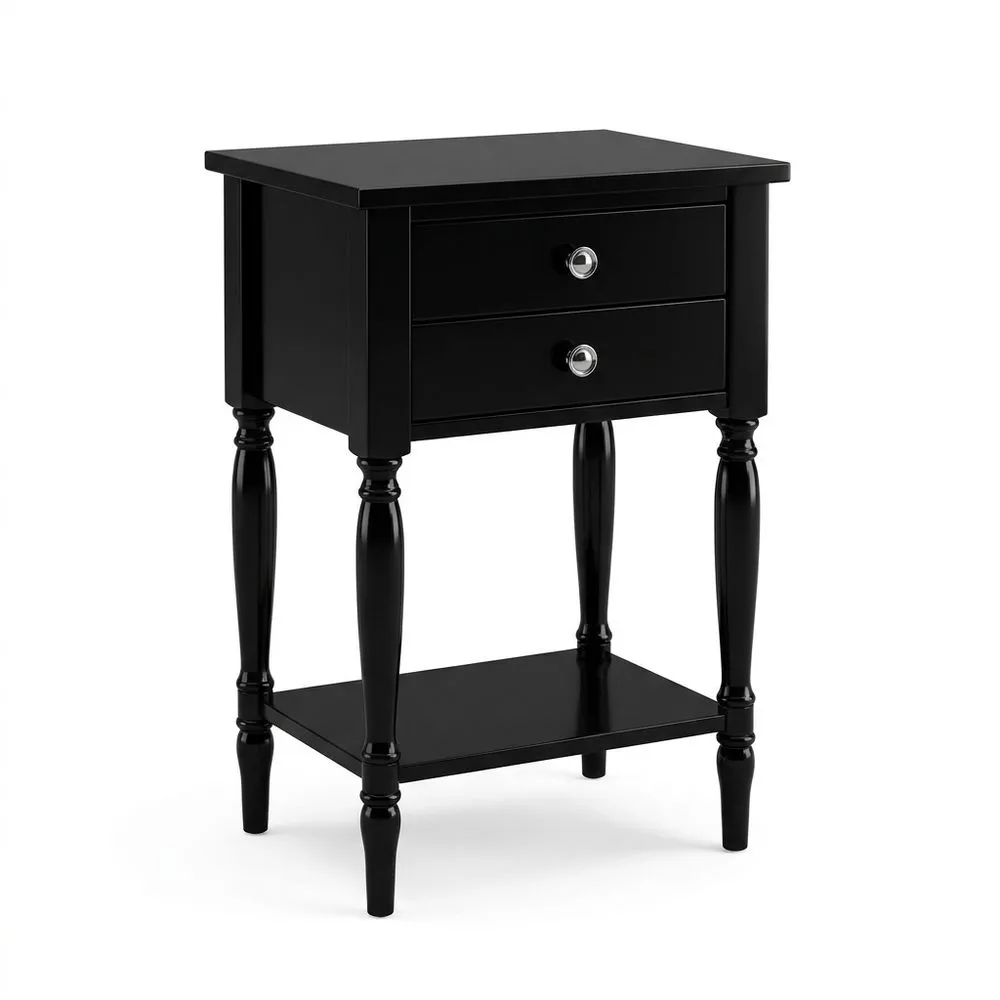 Schwarzer Massivholznachtisch mit 2 Schubladen 48x35x65 (Länge x Breite x Höhe) cm