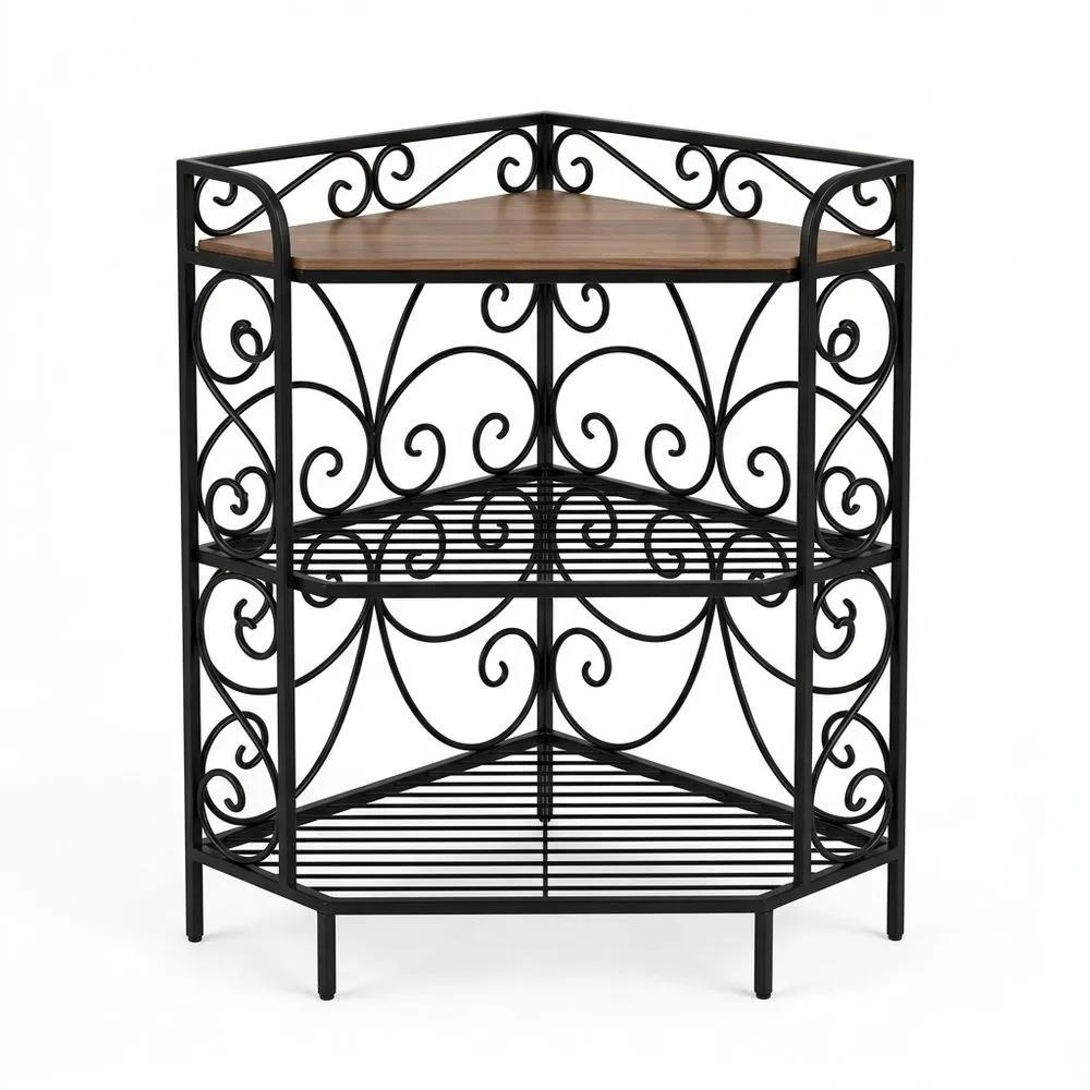 Eckregal Schmiedeeisen Massivholz Schwarz Braun 3 Ebenen 70cm (Höhe)