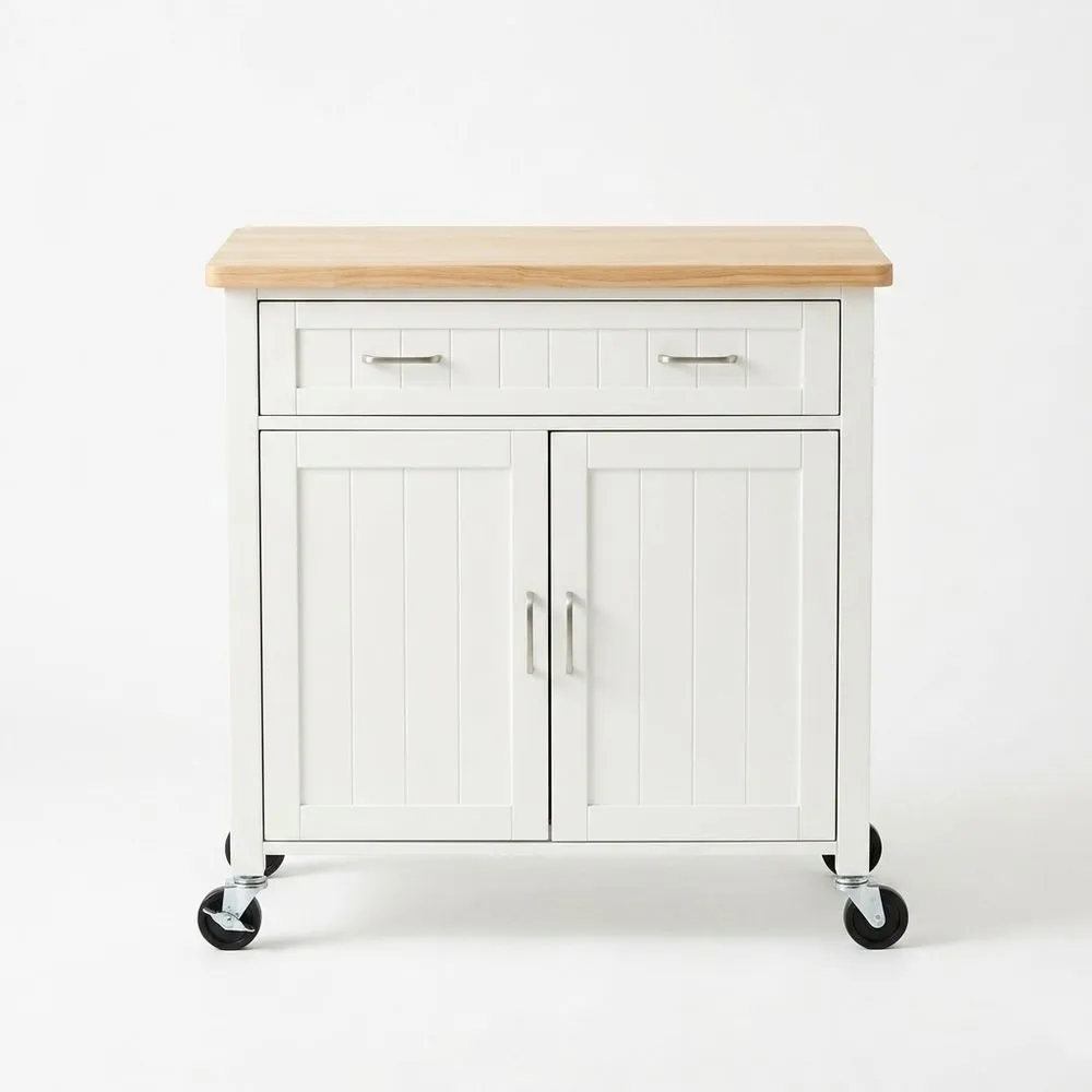 Küchenwagen mit Schublade und Schrank Weiß, Echtholzplatte, MDF-Korpus und Edelstahl-Griffen