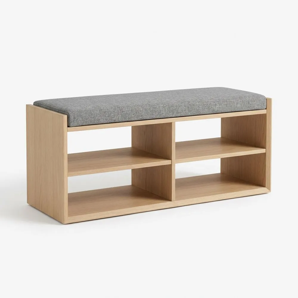 Sitzbank mit Regal aus Eichenholz und grauem Polyester 100x40x50cm (BxTxH)