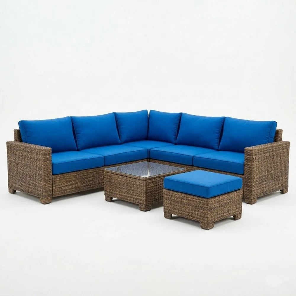 Set da giardino angolare in rattan con cuscini blu JZ6826769