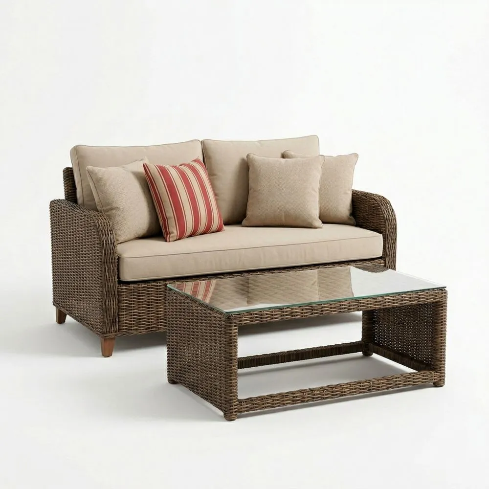 Divano in Rattan con Tavolino in Vetro Temperato 2 Posti e Cuscini EL2814844