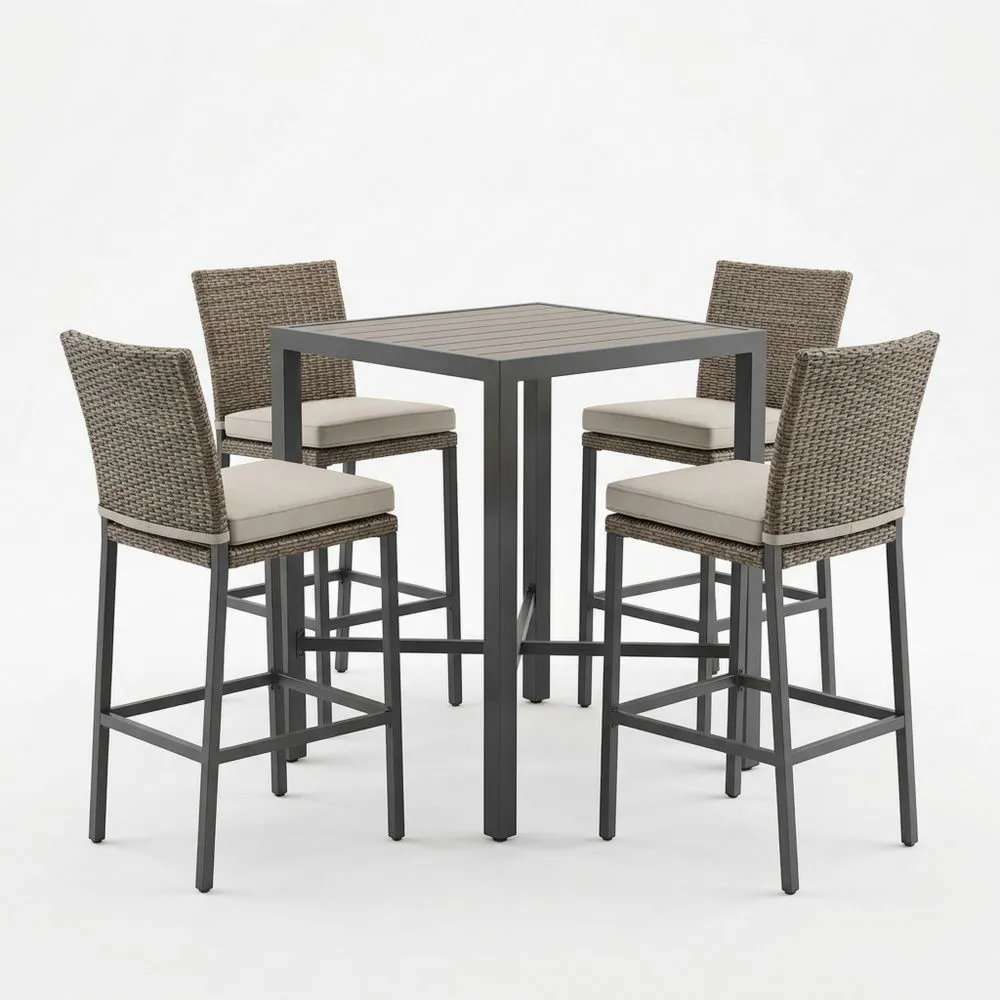 Set Tavolo da Bar in Alluminio con 4 Sgabelli in Rattan e Cuscini RJ9253529