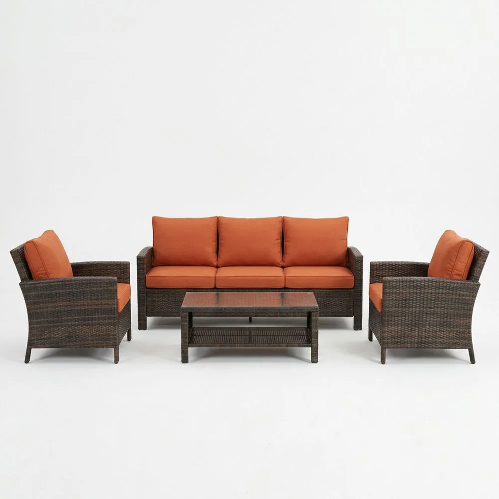 Set da Giardino in Rattan con Divano, Poltrone e Tavolino in Vetro NQ5823046