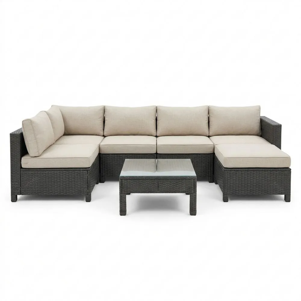 Set Divano Angolare da Giardino in Rattan con Cuscini Beige e Tavolo in Vetro NE2154192