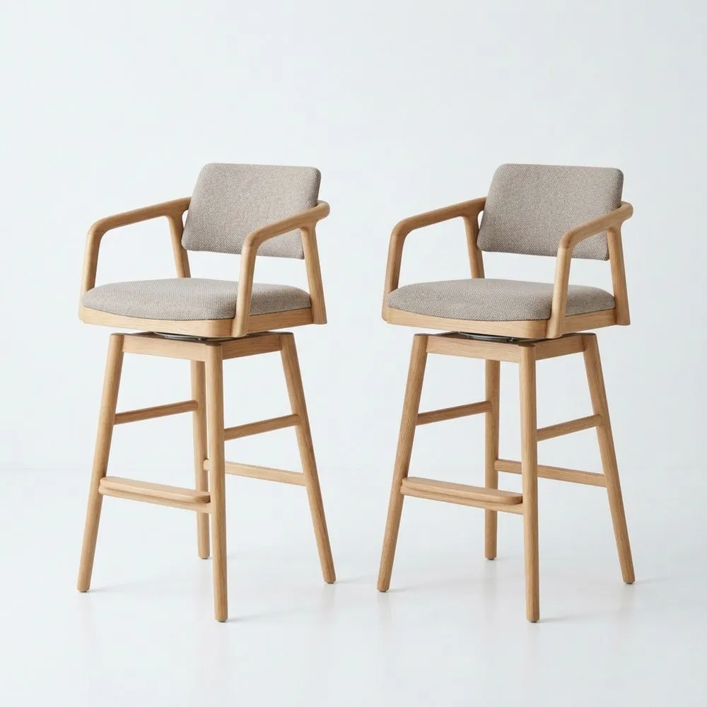 Set di 2 Sgabelli in Legno Massello di Quercia con Rivestimento in Poliestere Beige SA6458105