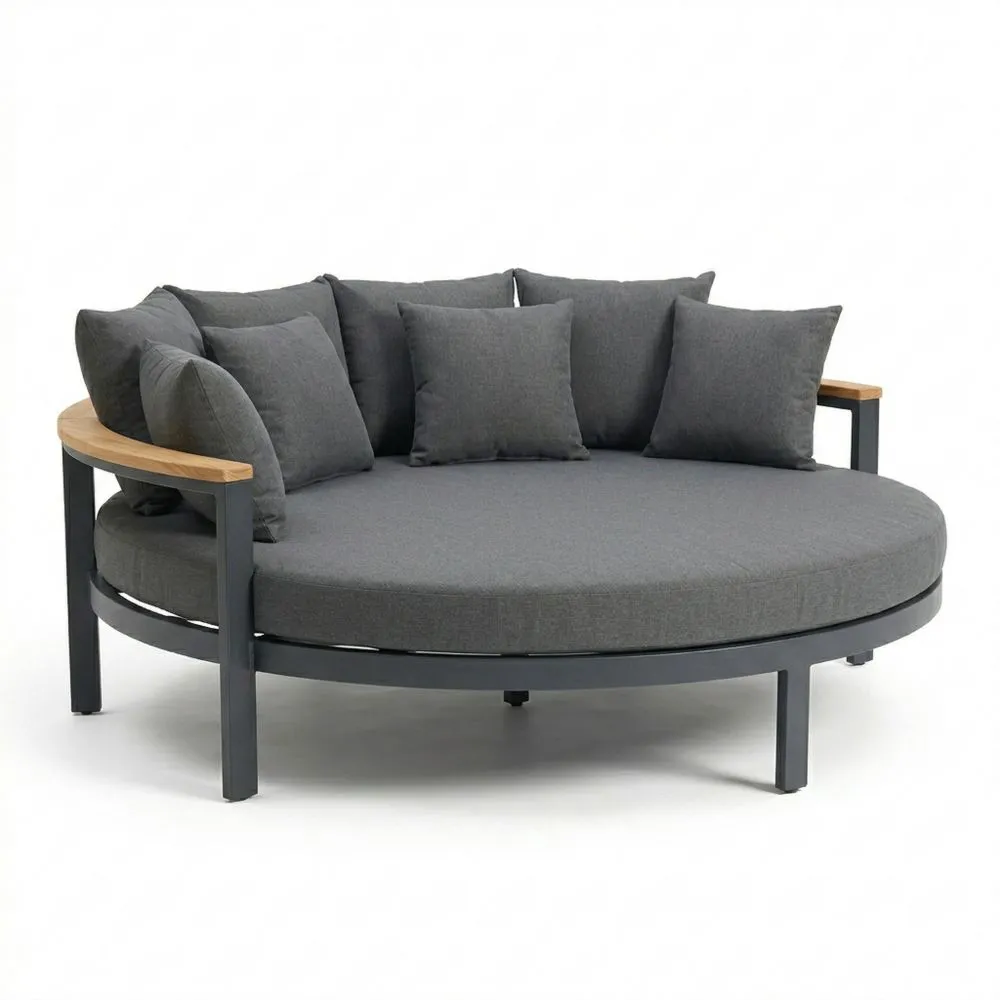 Divano rotondo in alluminio verniciato a polvere e legno naturale con cuscini in poliestere MK6500400