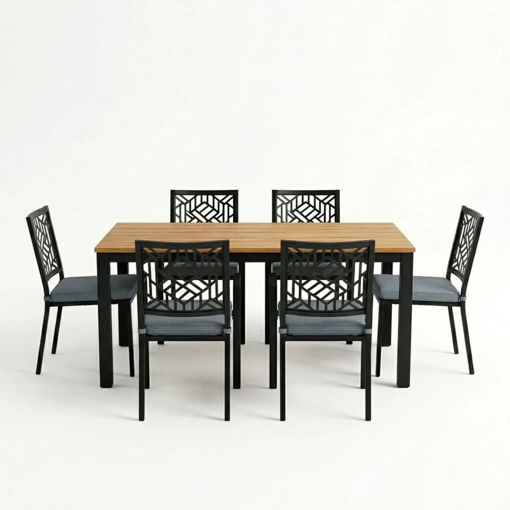 Set tavolo e sedie da pranzo in legno di acacia e acciaio, sedili imbottiti OE3594753