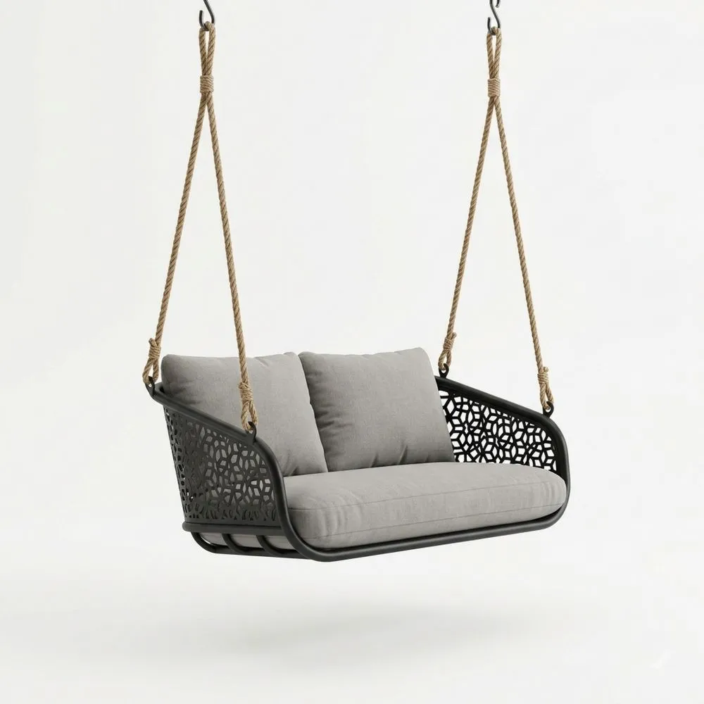 Sedia Altalena Sospesa in Acciaio Verniciato con Cuscini Grigi OM7226147