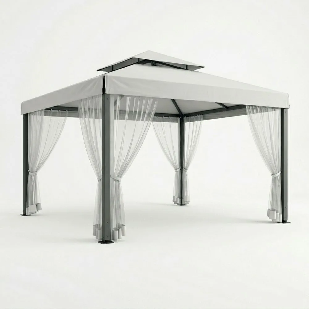 Gazebo in Alluminio con Tetto in Poliestere e Tende Trasparenti 300x300 cm (Lunghezza x Larghezza) Grigio e Bianco CQ8137091