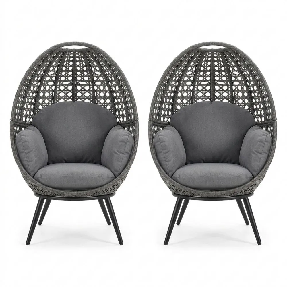 Set di due poltrone a uovo in rattan sintetico grigio con cuscini in tessuto poliestere TA8729602
