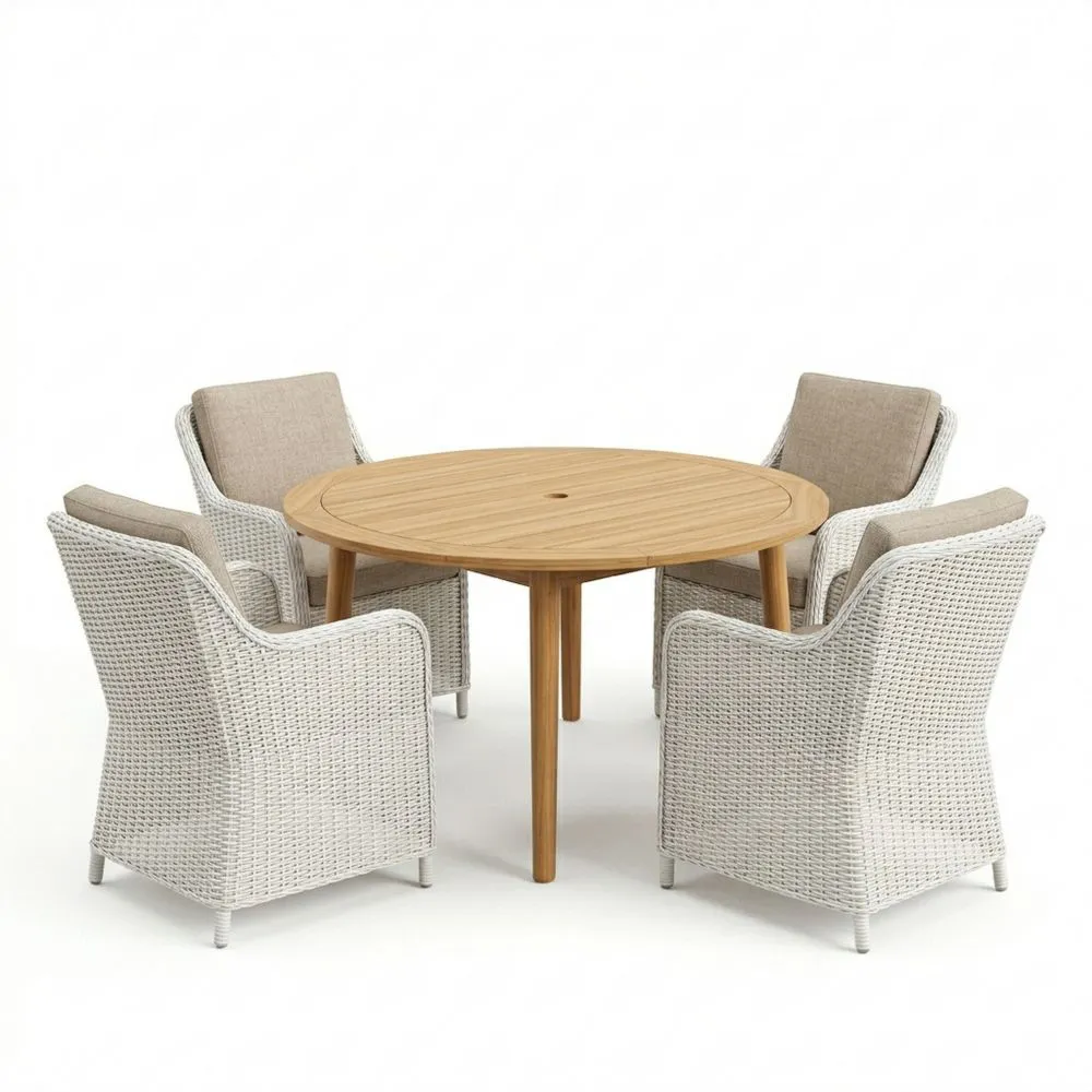 Set Tavolo Rotondo in Legno Massello e Sedie da Giardino in Rattan Sintetico con Cuscini YB7528950