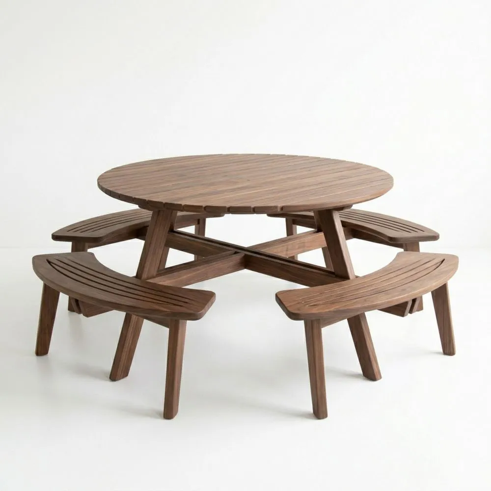 Set tavolo da picnic rotondo con panche in teak OJ0657521