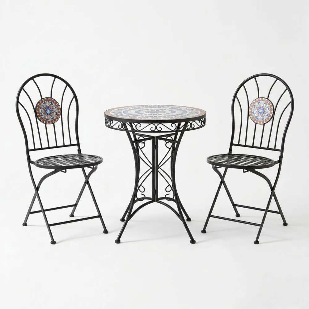 Set Bistrot Tavolo Rotondo e 2 Sedie Pieghevoli in Ferro e Mosaico AM5800692