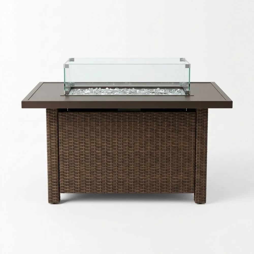 Tavolo da Fuoco in Rattan Sintetico con Cornice in Alluminio e Vetro Temperato JL4799710