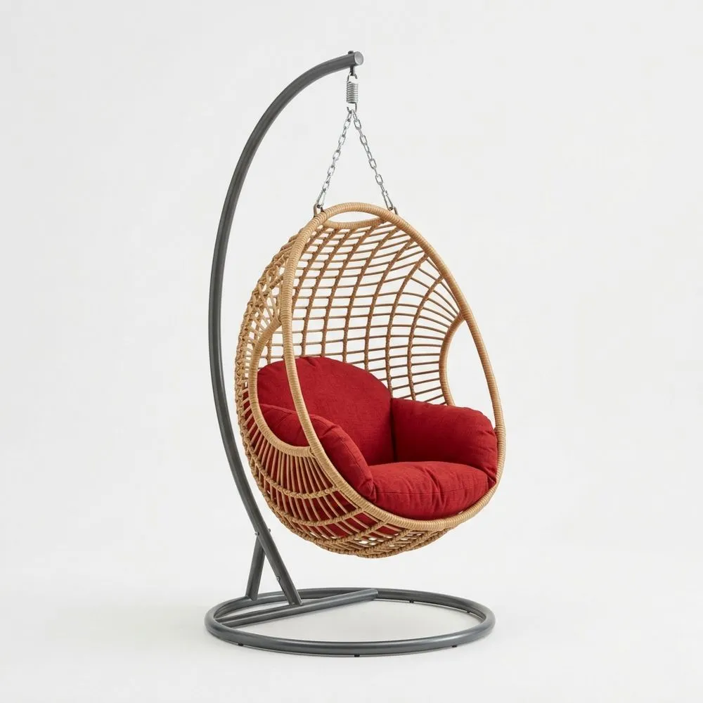 Sedia Sospesa a Uovo in Rattan Sintetico e Acciaio con Cuscino Rosso BF1953040