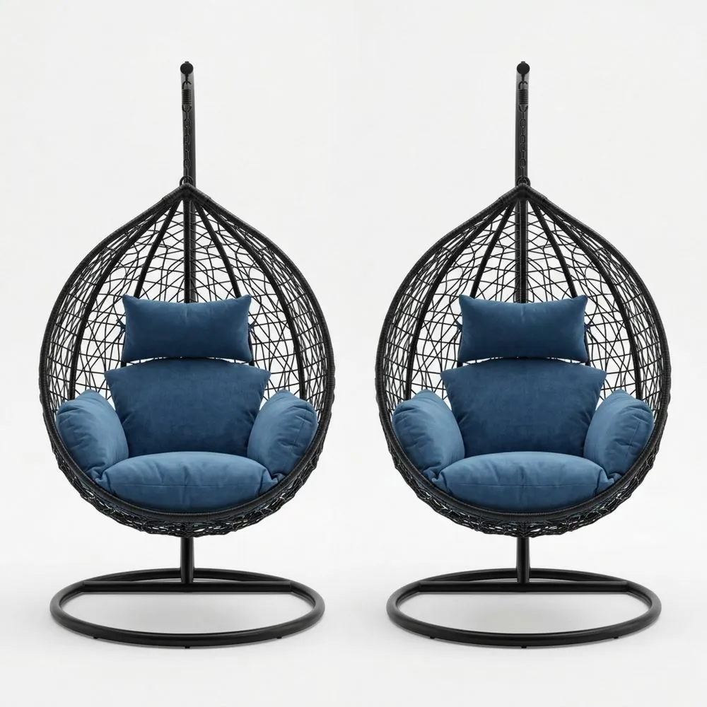 Set di 2 Sedie Sospese in Rattan Sintetico Nero con Cuscini Blu NJ2677082
