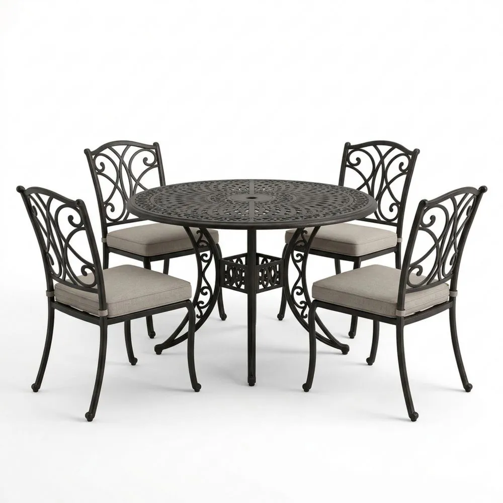 Set Tavolo e Sedie da Esterno in Acciaio Verniciato Nero con Cuscini in Poliestere Grigi FA7360442