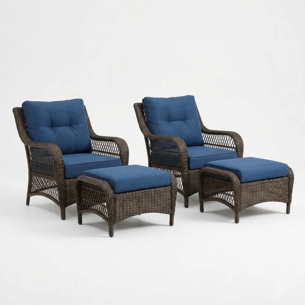 Set Giardino in Rattan Sintetico Marrone con Cuscini in Tessuto Blu MQ4201518