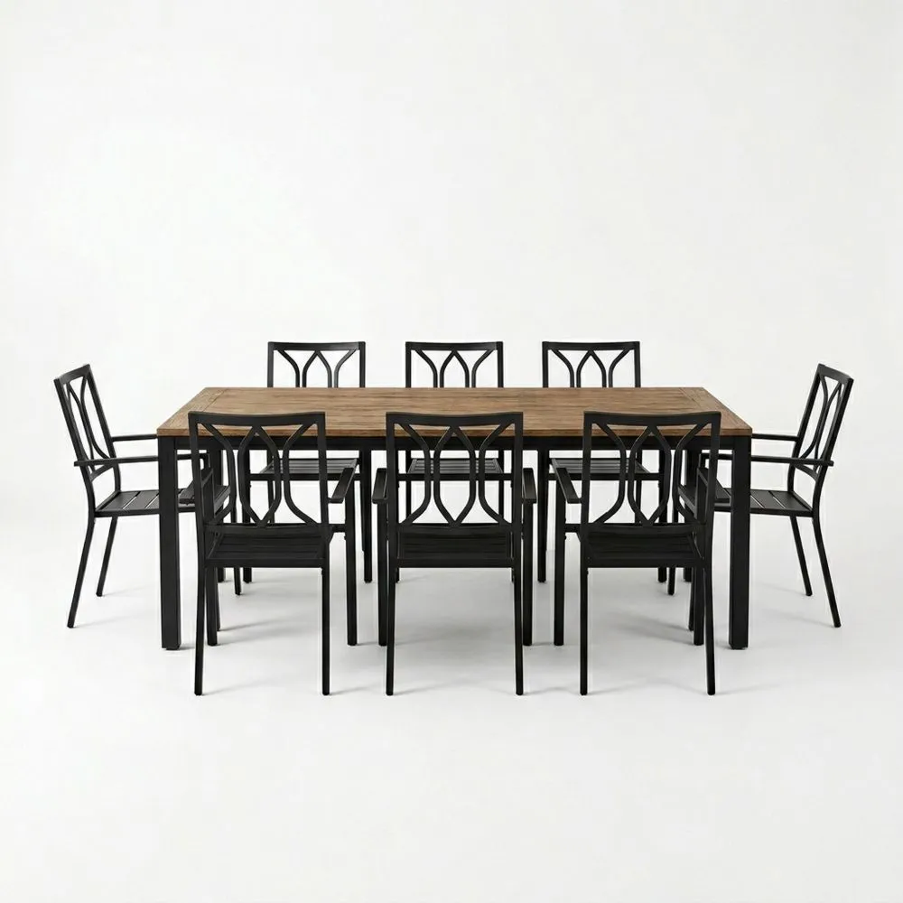 Set Tavolo Rettangolare in Legno Massello di Quercia e Acciaio Verniciato a Polvere con 8 Sedie XG4941534