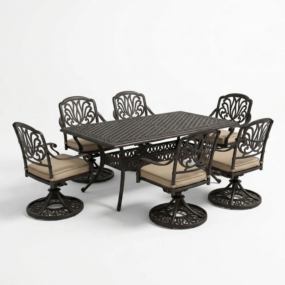 Set da Pranzo in Acciaio Verniciato Marrone con Cuscini in Poliestere Beige HT7882576