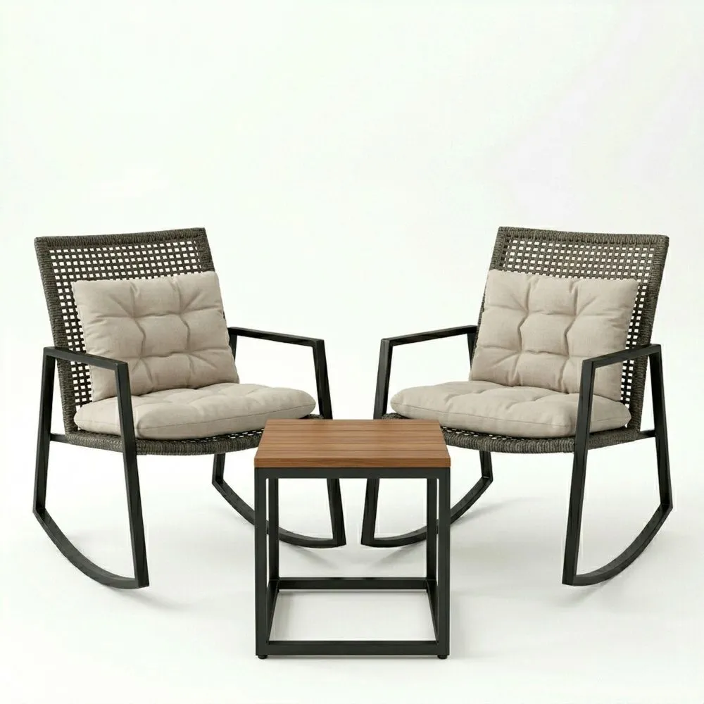 Set di 2 Sedie a Dondolo in Alluminio e Rattan Sintetico con Tavolino in Legno di Teak GW3355322
