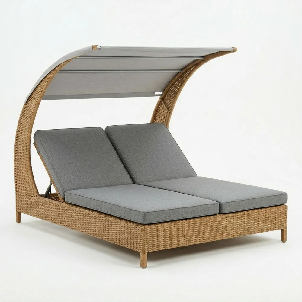 Lettino prendisole doppio in rattan sintetico e poliestere grigio RH7636690