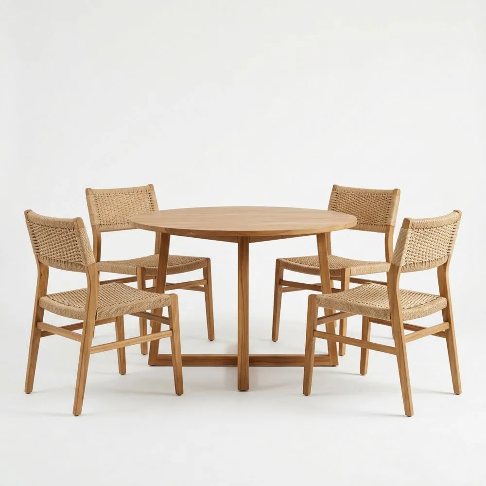 Set Tavolo Rotondo in Legno Massello di Teak e Sedie in Rattan IB6201561