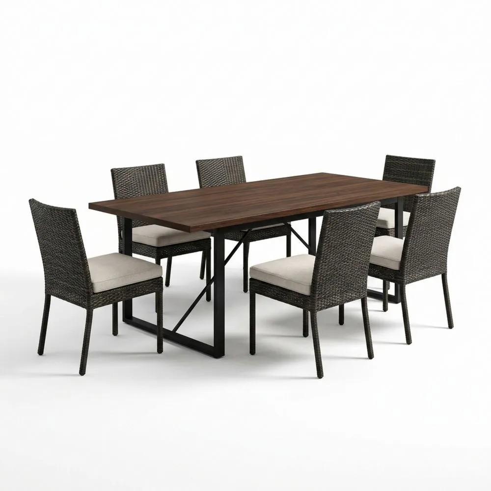 Set da Pranzo Rettangolare 6 Posti in Legno Massello, Acciaio e Rattan Sintetico WG5854357