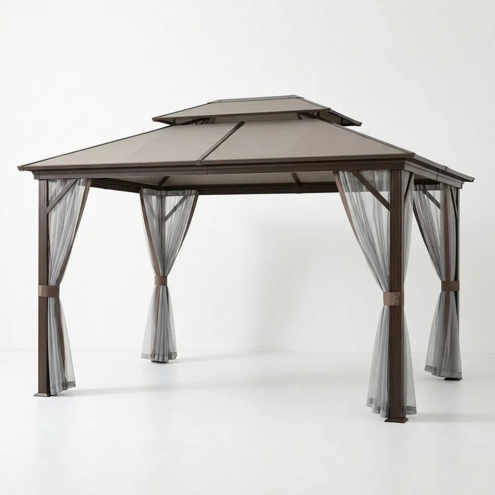 Gazebo in Alluminio con Tende in Poliestere Marrone e Grigio ZM9195351