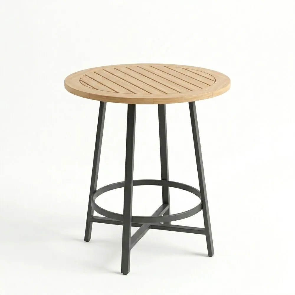 Tavolo Rotondo in Legno Massello di Teak e Acciaio Verniciato Ø60 cm (Diametro) H75 cm (Altezza)