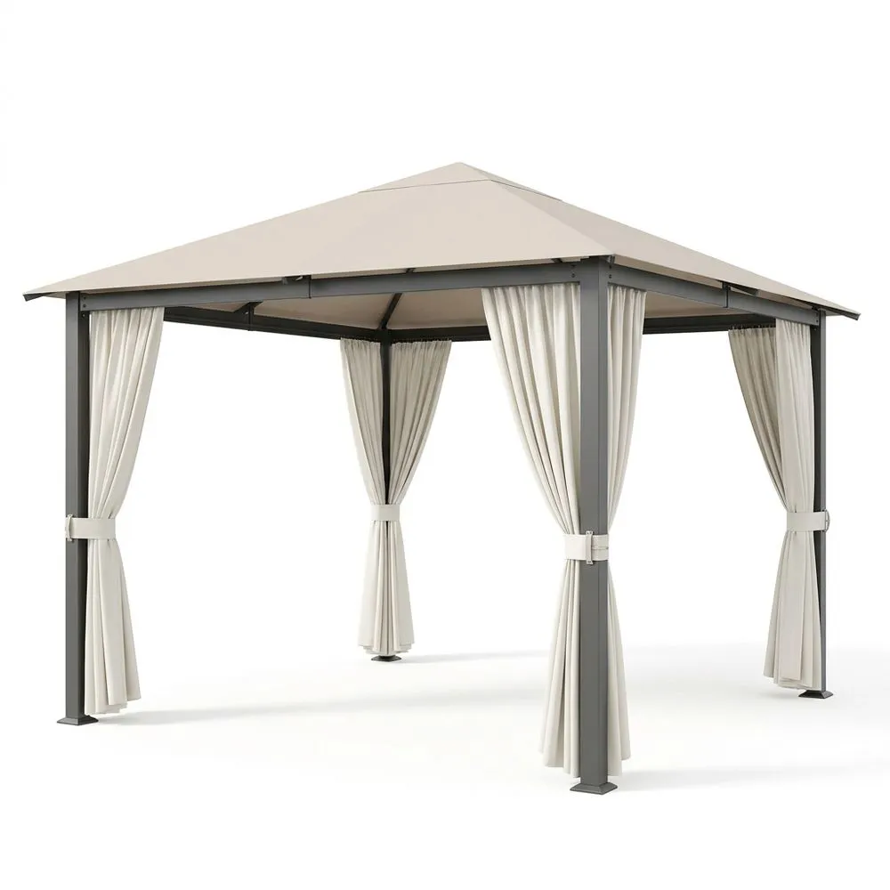 Gazebo da giardino in alluminio, Lunghezza 3 m x Larghezza 3 m, con tettuccio e tende in poliestere beige