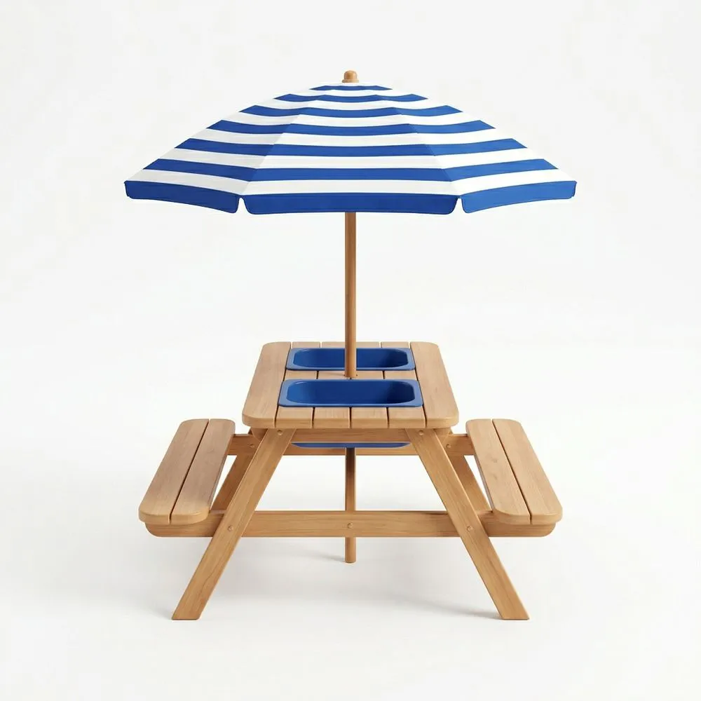 Set da Picnic per Bambini in Legno con Ombrellone a Strisce Blu e Bianche