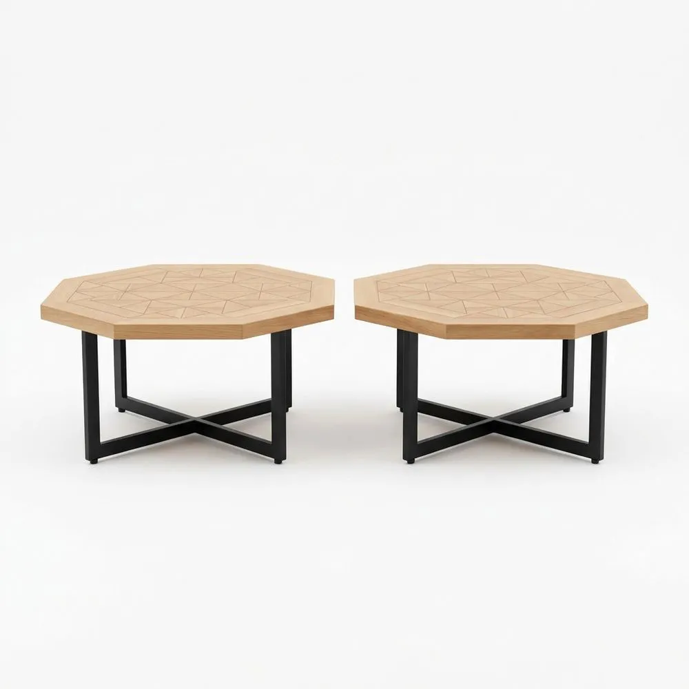 Set di 2 Tavolini Ottagonali in Legno di Quercia e Acciaio