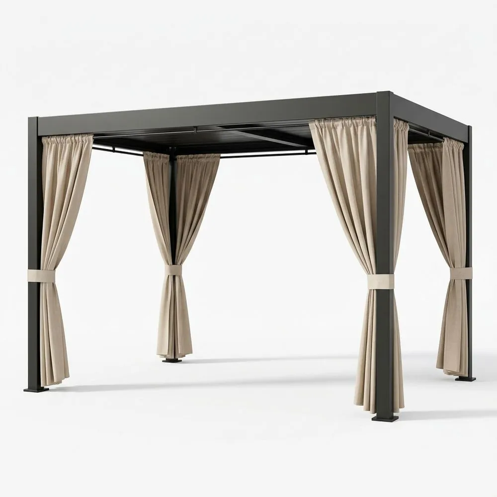 Gazebo in alluminio con tende in poliestere beige, Lunghezza 3 m x Larghezza 3 m